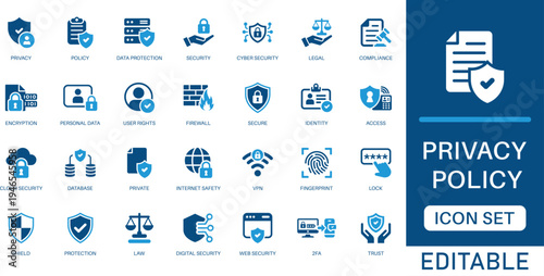Privacy policy icon set. featuring data protection, GDPR compliance, cybersecurity, and encryption elements in blue flat style for professional web and mobile app security.