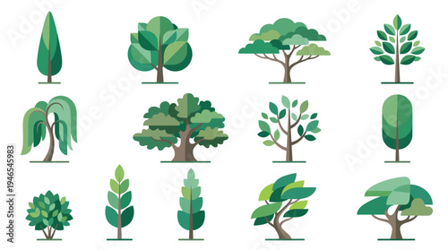 A diverse collection of stylized green trees and botanical elements, representing various foliage types for nature-inspired design concepts and environmental graphics projects