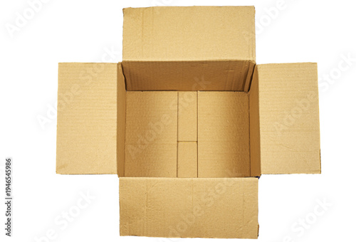 Opened cardboard box isolated on a white background. Top view