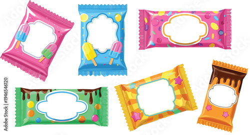 Colorful ice cream candy packaging wrapper set with blank label space sweet snack pack template for dessert product branding design