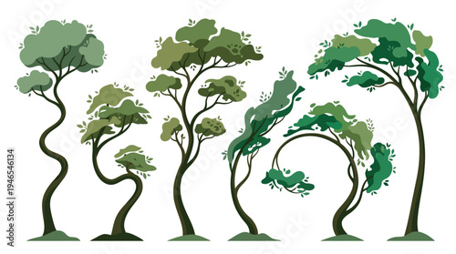 Whimsical forest illustration with a delightful assortment of stylized green trees, showcasing various organic shapes and dynamic foliage for enchanting nature designs