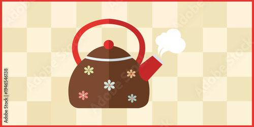 Teapot with Floral Pattern and Steam on Checkered Background Vector