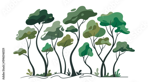 Stylized illustration of a vibrant green forest with diverse trees, depicting natural beauty and environmental protection. Perfect for serene nature-themed designs