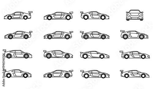 A set of minimalist racing car illustrations in black and white