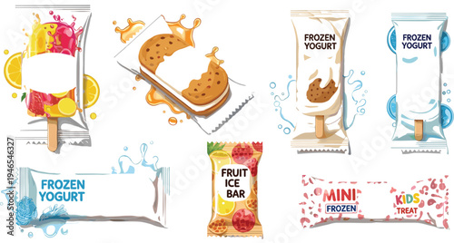 Frozen yogurt and ice cream bar packaging template set with fruit ice popsicle snack wrapper design for dessert product branding