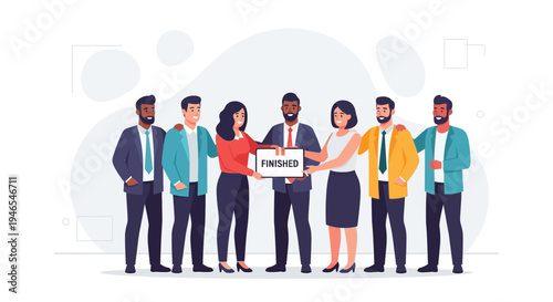 Team celebrating project completion, holding a "FINISHED" sign, diverse group of professionals