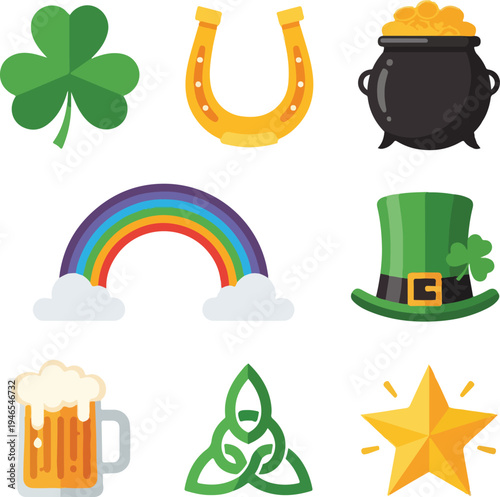 A collection of colorful St. Patrick's Day themed icons including a shamrock, horseshoe, pot of gold, rainbow, leprechaun hat, beer, Celtic knot, and star.