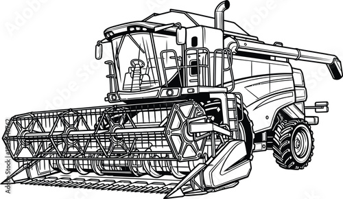 Detailed Black and White Line Art Illustration of a Modern Combine Harvester.