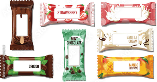 Ice cream bar and sweet snack packaging wrapper template set with strawberry vanilla mint chocolate mango flavor dessert branding design