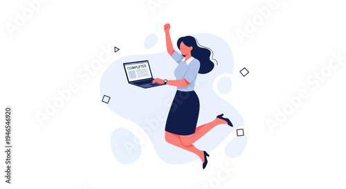 Woman jumping with laptop, celebrating task completion, success, achievement
