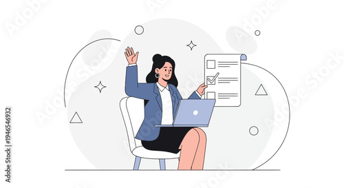 Woman working on laptop with checklist, raising hand, online survey, business concept