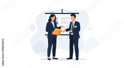 Business meeting: colleagues discussing project near presentation board