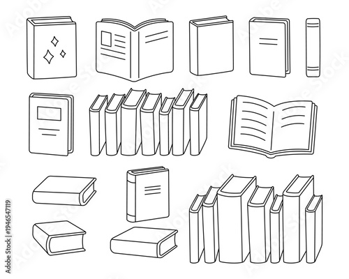 Outline books icons in various poses and stacks. Minimalist black line illustration for reading and literature themes