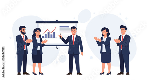 Business team applauding a successful presentation with growth chart on screen
