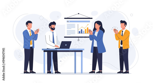 Business team applauding successful presentation with charts on screen