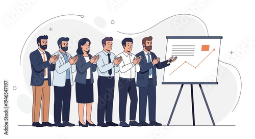 Business team applauding during presentation with growth chart on whiteboard