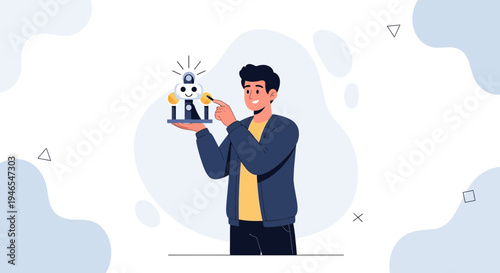 Man holding a small robot, concept of innovation and artificial intelligence