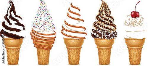 Soft serve ice cream cone collection with chocolate sprinkles caramel nuts cherry topping sweet summer dessert illustration set