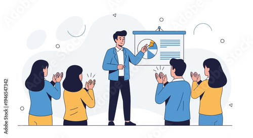 Business presentation with a man explaining a pie chart to an applauding audience.