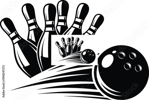 Bowling ball hitting pins illustration, bowling strike sports concept, bowling alley game equipment black white vector isolated background