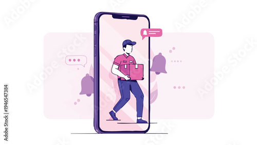 Un ilustrador vectorial de un chico de reparto con un paquete en mano, diseñado en estilo flat design, perfecto para representar servicios de entrega en España.