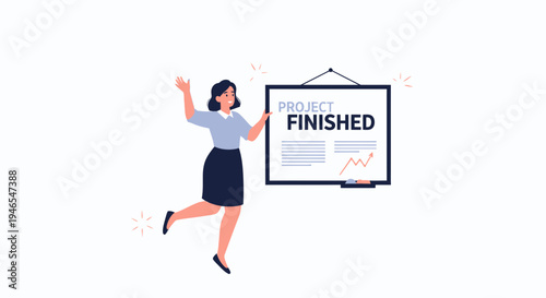 Woman celebrating project completion with 'Project Finished' whiteboard presentation