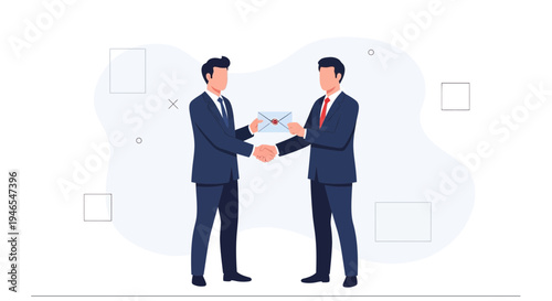 Businessmen shaking hands and exchanging an envelope, partnership, agreement, deal