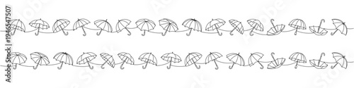 Minimalist linear outline of umbrellas in two long seamless rows, abstract flowing contour illustration of rain protection
