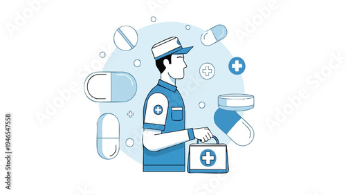 Un ilustrador vectorial de un chico de reparto con un paquete en mano, diseñado en estilo flat design, listo para usar en proyectos de marketing o publicidad en España.