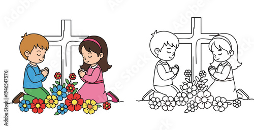 Diverse Children Holding Hands Around Cross in Flower Field - Christian Unity and Friendship