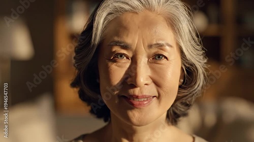 Elderly Asian Woman Smiling Close-up Portrait with Sunlight