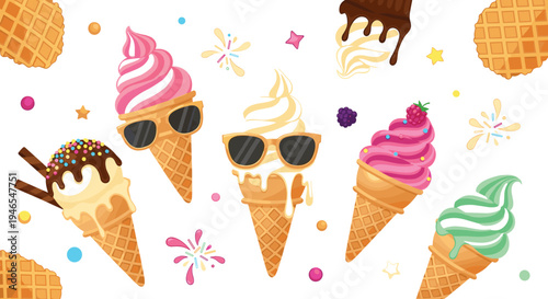 Cute colorful ice cream cone collection with sunglasses sprinkles chocolate berry soft serve sweet summer dessert illustration set