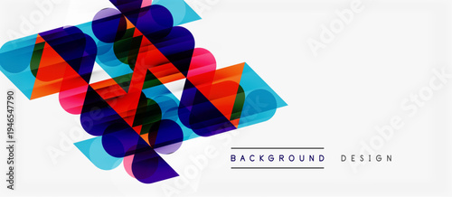 Abstract geometric shapes overlap, creating vibrant colorful composition. Modern design elements suggest dynamic visual experience.