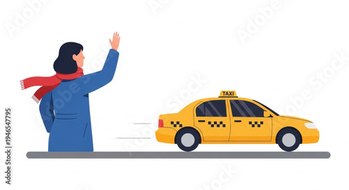 Woman Hailing Yellow Taxi Cab.