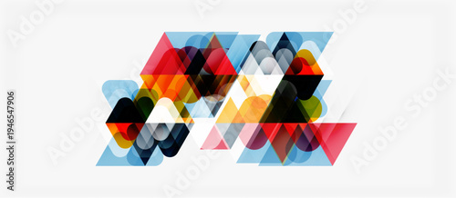 Abstract geometric shapes overlap, creating colorful patterns. Triangles, circles, squares blend into dynamic composition. Modern design.