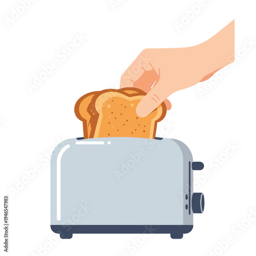 Hand placing toast into a silver toaster for breakfast