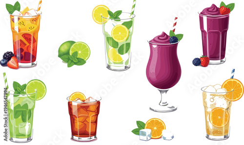 Fresh fruit juice and smoothie drink collection with lemonade citrus berry cocktail refreshing summer beverage illustration set