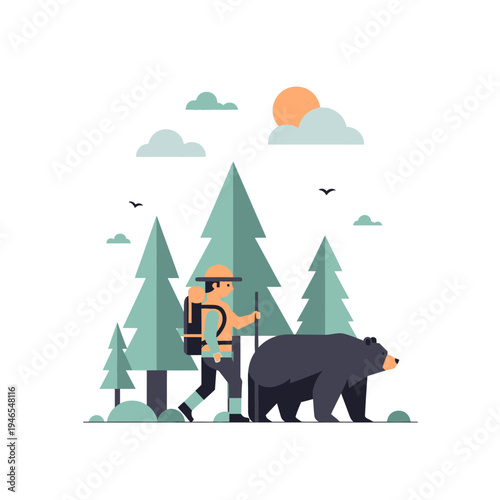 Hiker and Bear Walking Together in Forest - Flat Design Illustration