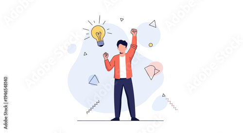 Man celebrating idea with lightbulb, abstract shapes, vector illustration