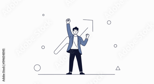 Man celebrates success with raised fist and upward arrow graphic, symbolizing growth and achievement