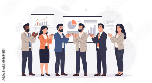 Business team applauding success during presentation, celebrating achievement