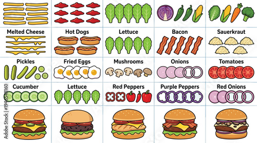 Burger ingredients chart illustration, hamburger toppings guide with cheese bacon lettuce onions tomatoes pickles sauces fast food vector