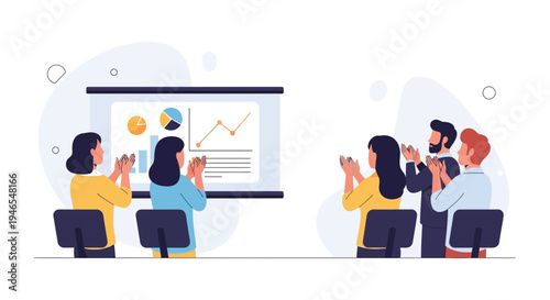 Business meeting success: audience applauds presentation with charts and graphs.