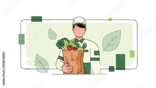 Un ilustrador vectorial de un chico de reparto con un diseño plano y moderno, ideal para proyectos de marketing y publicidad en España.