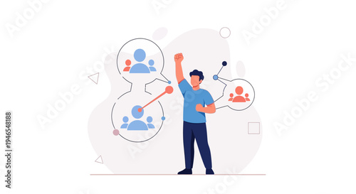 Man celebrating success with network connections and team members illustration
