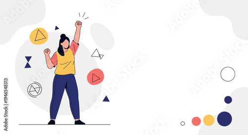 Woman celebrating success with raised fists and abstract shapes, vector illustration