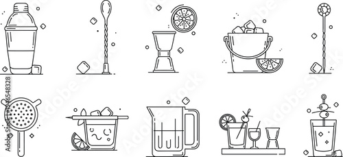 Cocktail bar tools line icon set with shaker jigger strainer mixing glass garnish and bartender mixology equipment illustration