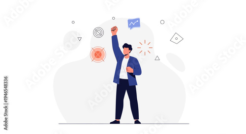 Man celebrating success with fist pump, business growth concept, flat design illustration