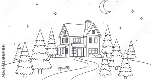 Vector illustration of a snowy house landscape with trees and moon