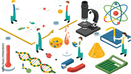 Isometric Science Set Featuring Scientist and Student with Huge Chemistry and Physics Lab Equipment Education 3D Vector Illustration for Laboratory Research